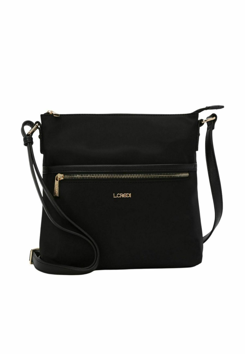 Borsa a tracolla nera realizzata in materiale morbido, con tasca frontale con zip, cerniera dorata e tracolla regolabile. Design semplice con un logo discreto.