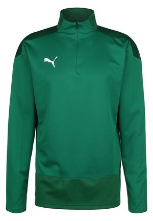 Pullover verde in poliestere con zip a quarto, caratterizzato da un tessuto testurizzato, pannelli neri a contrasto sulle spalle e un logo Puma bianco sul petto.