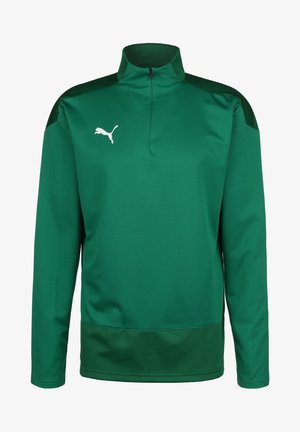 Pullover verde in poliestere con zip a quarto, caratterizzato da un tessuto testurizzato, pannelli neri a contrasto sulle spalle e un logo Puma bianco sul petto.