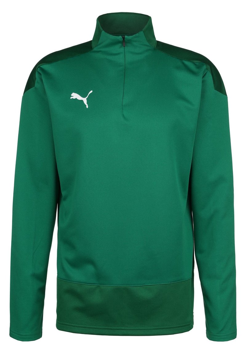 Pullover verde in poliestere con zip a quarto, caratterizzato da un tessuto testurizzato, pannelli neri a contrasto sulle spalle e un logo Puma bianco sul petto.
