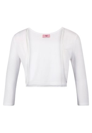White cropped cardigan with a rounded neckline and three-quarter sleeves. Made of soft fabric, it features an open front design.