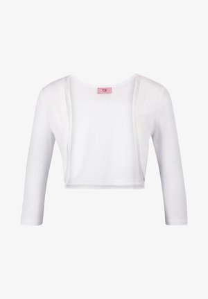 Cardigan bianco accorciato con scollatura rotonda e maniche a tre quarti. Realizzato in un tessuto morbido, presenta un design con apertura frontale.