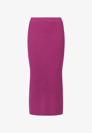 Gonna aderente a costine di un vivace magenta, con una vita elasticizzata e una silhouette dritta fino al ginocchio, caratterizzata da una superficie liscia.