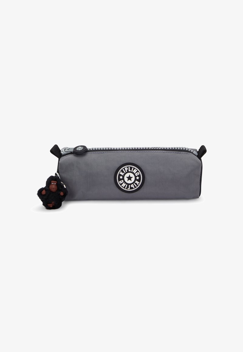 Gray pencil case with a smooth fabric texture, featuring a round logo and a black gorilla charm attached to the zipper pull.