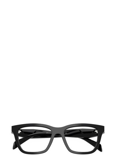 Occhiali rettangolari neri con montatura spessa e finitura lucida. Le aste presentano un design moderno ed elegante con ritagli distintivi.