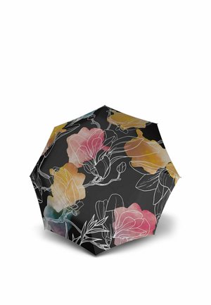 Paraguas negro con un diseño floral que presenta flores grandes en estilo acuarela en rosa, amarillo y azul con bocetos de contorno blanco.