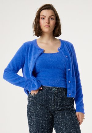 Blauwe fuzzy cardigan met een ronde hals, lange mouwen en vijf decoratieve knopen; gedragen over een bijpassende blauwe top en een donkere spijkerbroek met textuur.