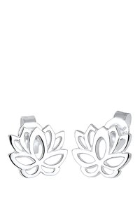 Boucles d'oreilles en métal argenté en forme de fleurs de lotus avec des motifs de pétales découpés et une finition polie. Fermeture clip-on simple.
