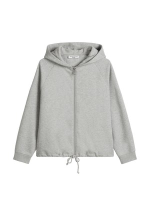 Grijze zip-up hoodie met een trekkoord aan de onderkant, raglanmouwen en een gevoerde capuchon. Gemaakt van zachte, textuurstof geschikt voor casual draag.