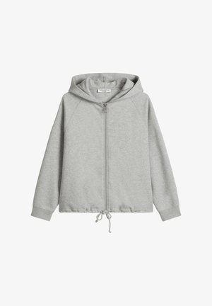 Grijze zip-up hoodie met een trekkoord aan de onderkant, raglanmouwen en een gevoerde capuchon. Gemaakt van zachte, textuurstof geschikt voor casual draag.