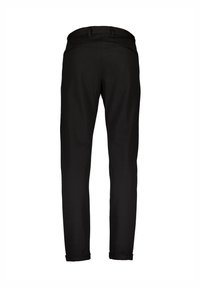 Sorte bukser med slank pasform, lavet af glat stof. Bagsiden har to lommer og en opsmøget kant ved kanten.