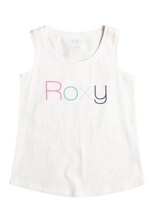 Weißes ärmelloses Tanktop mit mehrfarbigem "Roxy"-Schriftzug auf der Brust, rundem Ausschnitt und weichem Baumwollstoff.