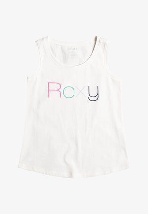 Débardeur blanc sans manches avec texte "Roxy" multicolore imprimé sur la poitrine, col rond et tissu en coton doux.