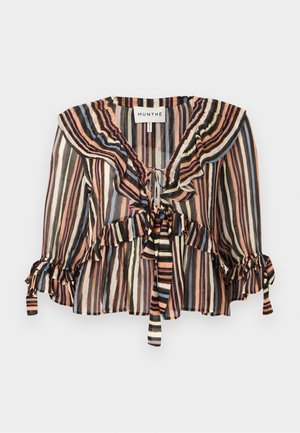Stribet bluse med flæset halsudskæring og ærmer, bindebånd foran, let og gennemsigtigt materiale i sort, beige, pink og marineblå nuancer.