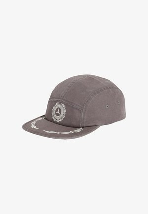 Gray cotton cap with a rounded crown and flat brim. Features a circular logo and laurel pattern embroidered in white on the front.
