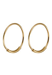 Pendientes de aro dorados con una forma suave y redondeada, y un acento curvado cerca del cierre, que presentan un acabado pulido y un diseño ligero.