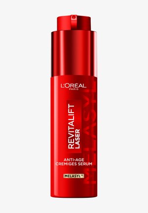 Rode L'Oréal Revitalift Laser anti-verouderingscrème serumfles met MELASYL-logo op een effen witte achtergrond.