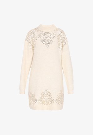 Cremfarbendes Strickkleid mit langen Ärmeln, hohem Kragen und goldenen Paillettenblumenmustern an den Schultern, der Brust und dem Saum.