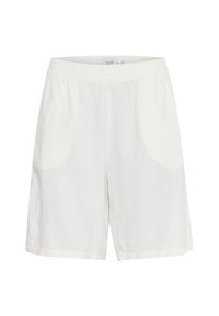 Shorts en lin blanc avec une taille élastique, dotés de poches latérales et d'une coupe droite, texture lisse et design minimaliste.