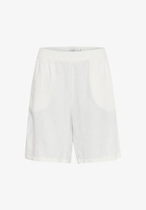 Valged linased lühikesed püksid elastse vöökohtadega, küljetaskute ja sirge lõikega, sileda tekstuuri ning minimalistliku disainiga.