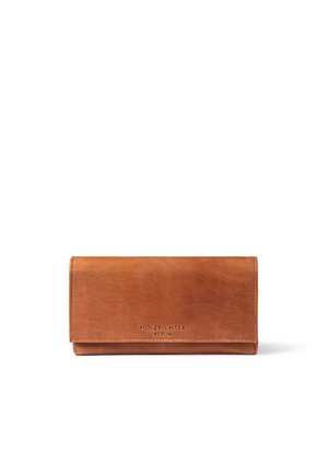 Brown leather wallet with a sleek, rectangular design. Features a subtle embossed logo on the front and clean stitching along the edges.