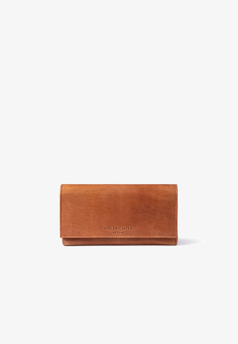 Brown leather wallet with a sleek, rectangular design. Features a subtle embossed logo on the front and clean stitching along the edges.