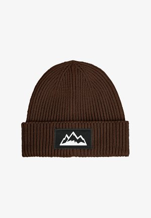Brown knitted beanie with a ribbed texture and a folded cuff. Features a black patch with a white mountain graphic.