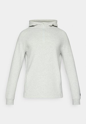 Lichtgrijze hoodie met lange mouwen, een halve rits aan de voorkant en een capuchon met trekkoord, gemaakt van een zachte, gestructureerde stof en voorzien van geribbelde manchetten.