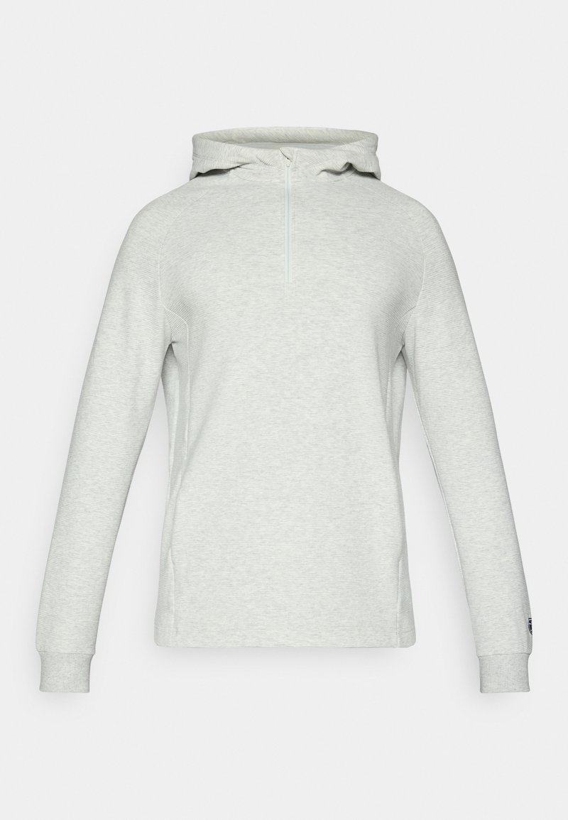 Hellgrauer Hoodie mit langen Ärmeln, einem Halb-Reißverschluss vorne und einer Kapuze mit Kordelzug, aus weichem, strukturiertem Stoff und mit gerippten Bündchen.