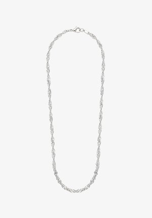Halskette aus silberner, verdrehter Kette mit verlängerten Gliedern, glatter Oberfläche und Karabinerverschluss.