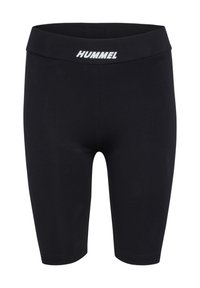 Czarne spodenki sportowe o dopasowanym kroju, wykonane z elastycznego materiału. Posiadają szeroki pas z logo "HUMMEL" w kolorze białym.