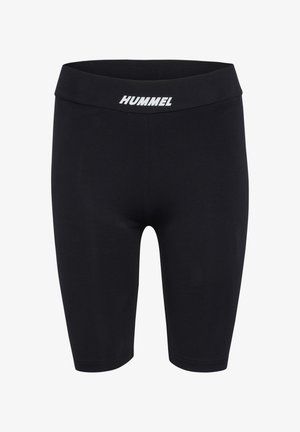 Czarne spodenki sportowe o dopasowanym kroju, wykonane z elastycznego materiału. Posiadają szeroki pas z logo "HUMMEL" w kolorze białym.
