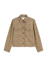 Veste à carreaux marron avec un col, deux poches avant et une fermeture à boutons. Fabriquée en tissu texturé avec un design cropped.