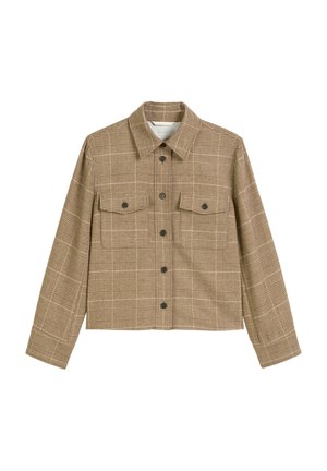 Giacca a scacchi marrone con collo, due tasche frontali e chiusura a bottoni. Realizzata in un tessuto testurizzato con un design corto.