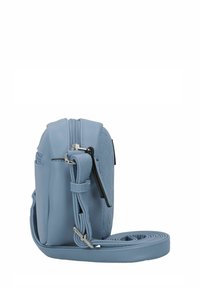Helles blaues Leder-Crossbody-Bag mit strukturiertem Design, Reißverschluss, verstellbarem Riemen, glatter Oberfläche und subtilen Akzenten.