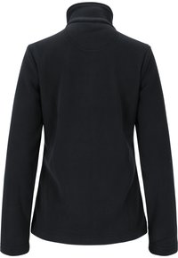 Sort fleecejakke med høj krave og lange ærmer. Glat tekstur uden synlige mønstre eller hardwaredetaljer.