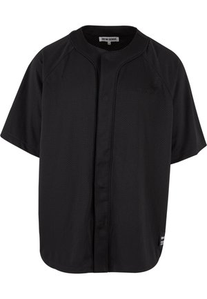 Maillot à manches courtes noir, fabriqué en tissu en maille respirant. Il présente un devant à boutons, des manches raglan et un petit logo sur la poitrine.