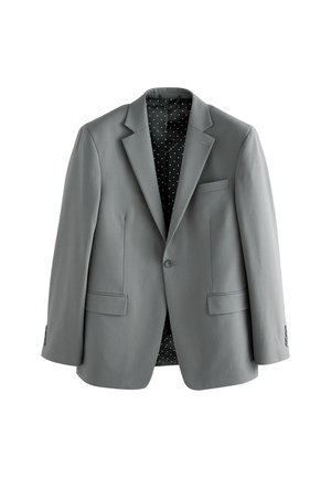 Blazer gris avec un col cranté, deux poches avant et une doublure à motifs à pois. Tissu lisse avec fermeture à boutons.