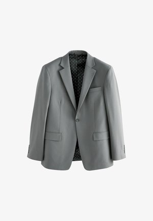 Gray blazer featuring a notched lapel, two front pockets, and a polka dot patterned lining. Smooth fabric with button closure.