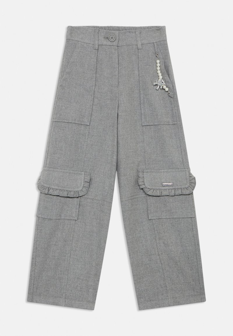 Graue weite Cargo-Hosen aus strukturiertem Stoff. Mit kräuselförmigen Taschenklappen und dekorativen Perlenverzierungen auf der Vorderseite.