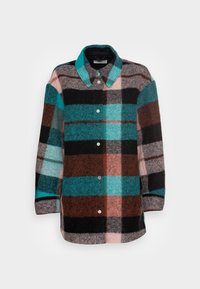 Ruudullinen takki sävyissä turkoosi, ruskea, musta ja vaaleanpunainen, valmistettu villanomaista materiaalia, jossa on kaulus ja metalliset nappikiinnitykset.