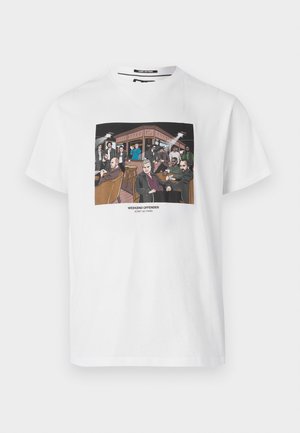 White cotton t-shirt featuring a colorful graphic print of a bar scene with cartoon characters. Text reads "WEEKEND OFFENDER" at the bottom.