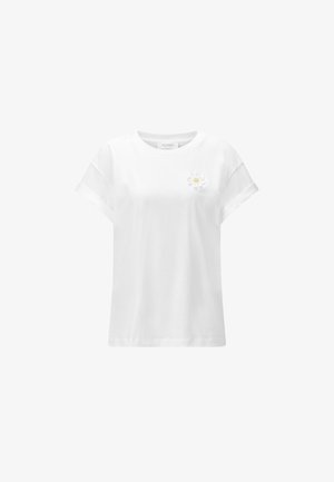 White short-sleeve t-shirt with rolled cuffs and a small embroidered white daisy with a yellow center on the left chest.