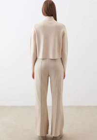 Beige zkrácený svetr s vysokým límcem, spárovaný s úzkými širokými kalhotami béžové barvy. Hladká pletená textura a čisté linie, minimalistický design.