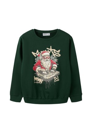 Sweat-shirt vert foncé avec un graphisme du Père Noël portant un casque et des lunettes de soleil, mixant de la musique sur une platine DJ.
