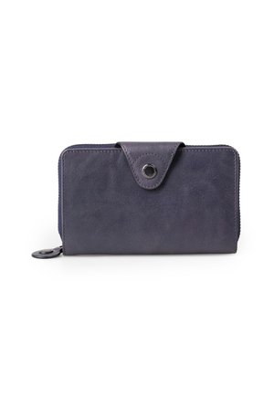 Dark purple leather wallet, featuring a zip-around design, a front flap with a snap closure, and a smooth texture.