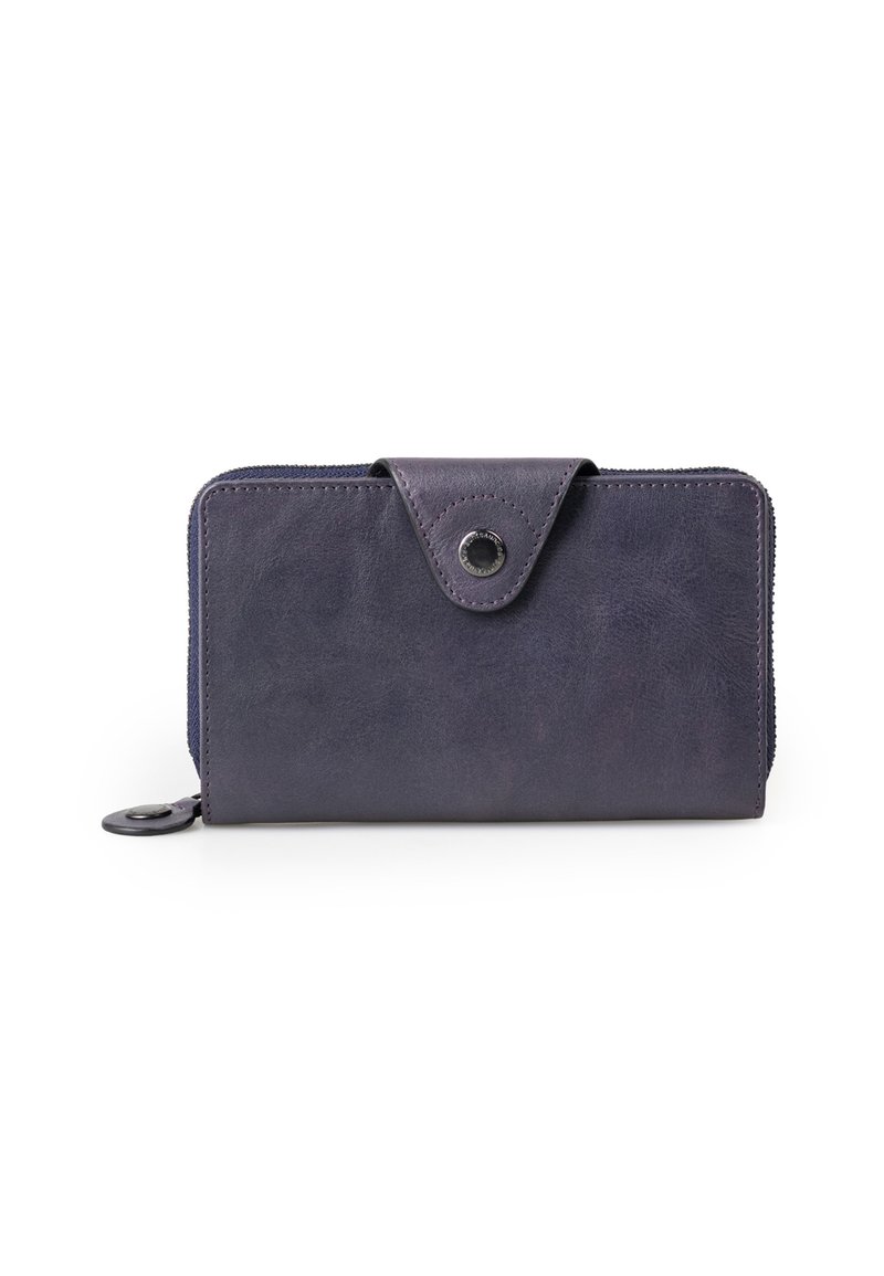 Portafoglio in pelle viola scuro, con un design a zip intorno, una patta frontale con chiusura a scatto e una superficie liscia.