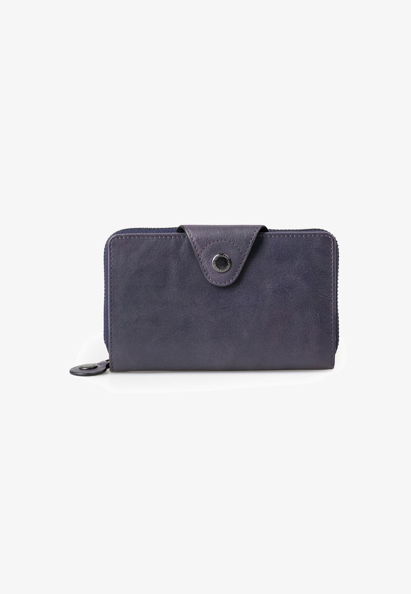 Portafoglio in pelle viola scuro, con un design a zip intorno, una patta frontale con chiusura a scatto e una superficie liscia.