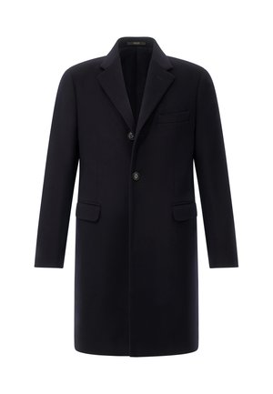 Manteau en laine marine avec deux boutons, revers crantés, poche poitrine simple et deux poches latérales ; texture lisse et coupe ajustée.