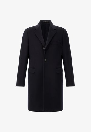 Jūros jėgos vilnonis paltas su dviem mygtukais, įpjovomis atlapais, vienu krūtiniu kišeniu ir dviem šoniniais kišenėmis; glotni tekstūra ir pritaikytas siluetas.